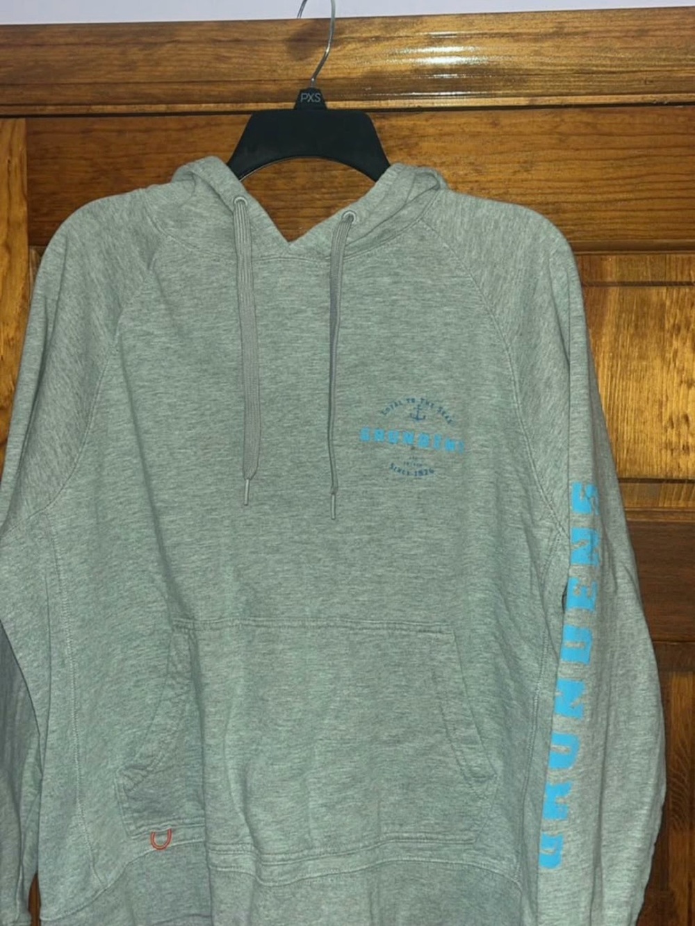 Grundens Gray Pullover Hoodie with Light Blue Script